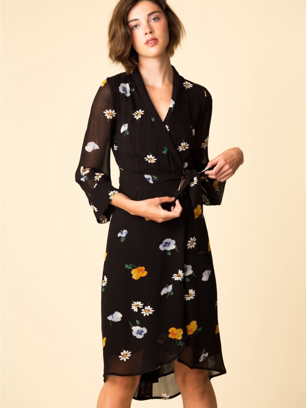 Ganni Sz 38 Black Floral Midi Wrap Dress with Tie Waist Ditsy Georgette